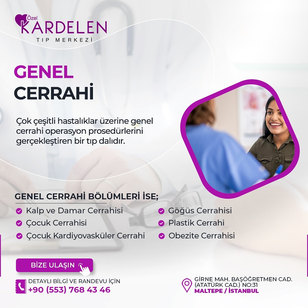 Çok çeşitli hastalıklar üzerine genel cerrahi operasyon prosedürlerini gerçekleştiren bir tıp dalıdır. Karın başta olmak üzere tüm organlar üzerine çalışır. Safra kanalları, dalak, karaciğer, rektum, kalın ve ince bağırsak, mide gibi iç organlar üzerine detaylı tetkikler yaparak, hastalıkları teşhis ederek tedavi yöntemine karar verilir. Genel cerrahi tiroid bezleri, fıtık ve torasik bölge üzerine de çalışmaktadır.
Tedavisi yapılacak hastalıklara göre Genel Cerrahi bölümleri ise;
- Kalp ve Damar Cerrahisi
- Çocuk Cerrahisi
- Çocuk Kardiyovasküler Cerrahi
- Göğüs Cerrahisi
- Plastik Cerrahi
- Plastik ve Rekonstrüktif Cerrahi
- Ortopedi ve Travmatoloji
- Obezite Cerrahisi
Detaylı bilgi ve randevu için👇
📲 +90 (553) 768 43 46
📞 +90 (216) 371 71 72
💻 kardelentipmerkezi.com
#cildiyeuzmanı
#fiziktedaviverehabilitasyon
#kadındoğumuzmanı
#çocukhastalıkları
#acilservis
#chekup
#hacamat
#sülüktedavisi
#ozonterapi
#implant
#ağızvedişsağlığı