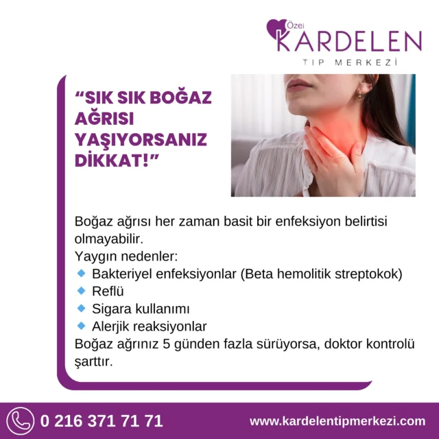 ❗ Sık Sık Boğaz Ağrısı Yaşıyorsanız Dikkat!
Boğaz ağrısı sadece soğuk algınlığı belirtisi olmayabilir...
📌 Sürekli tekrarlayan boğaz ağrısının altında yatan 5 yaygın nedeni bu postta anlattık!
🩺 Sağlığınızı ihmal etmeyin, erken teşhis hayat kurtarır.